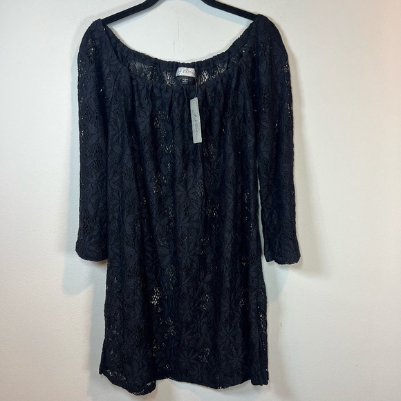 J. VALDI Womens Floral Crochet Lace Tunic Swim Cover Up Dress Black NEW Sz Large - Picture 1 of 15